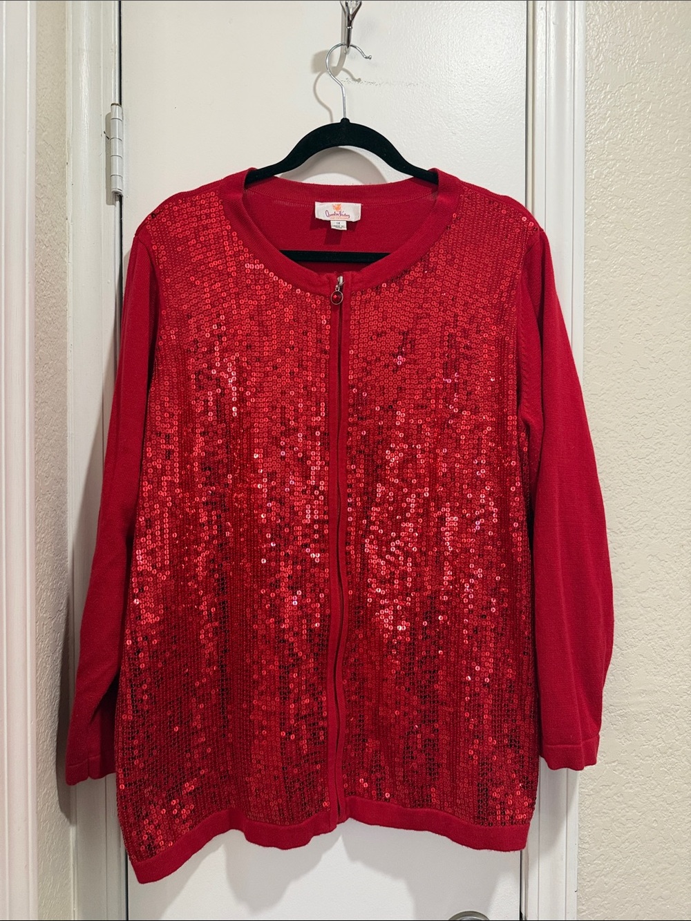 Quacker Factory Red Sequin Zip-Front Sweater